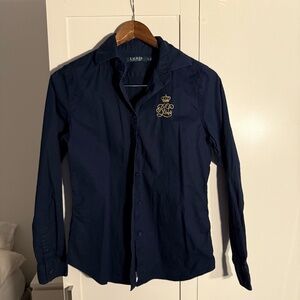 Lauren Ralph Lauren Navy Button-Up Shirt with Embroidered Crest – Size M